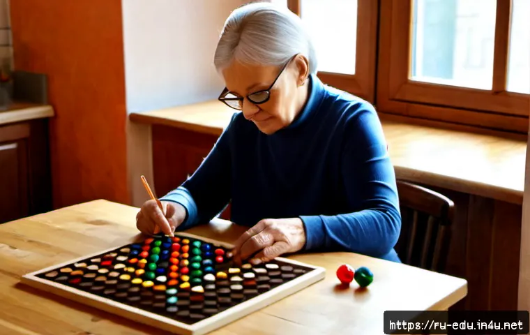 시니어 이성적 논리 훈련 - Photorealistic Russian senior woman in her late sixties practicing logical reasoning at a tidy woode...