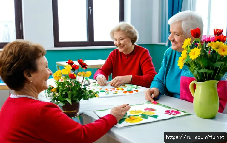 노인 동아리 프로그램 - Photorealistic Russian senior community club program, cheerful older adults gathered around a large ...